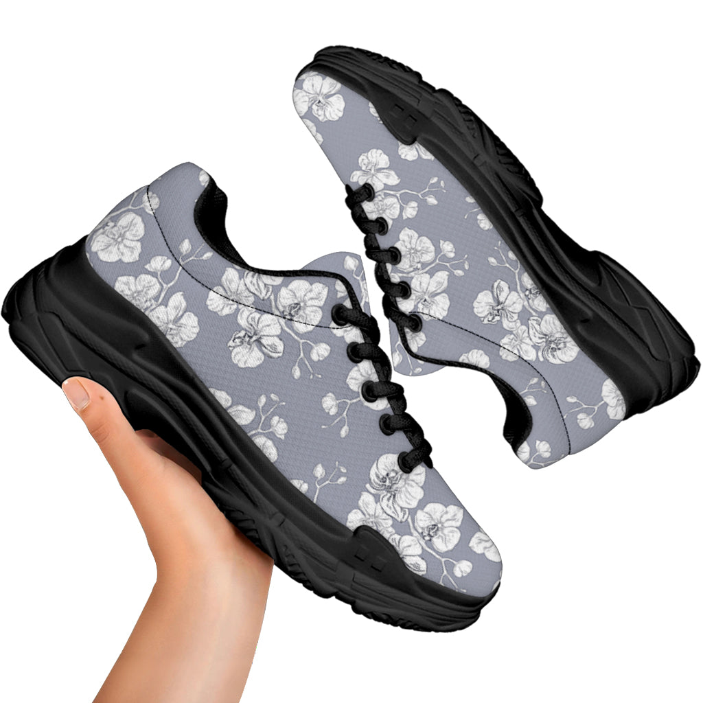 Drawing Orchid Pattern Print Black Chunky Shoes