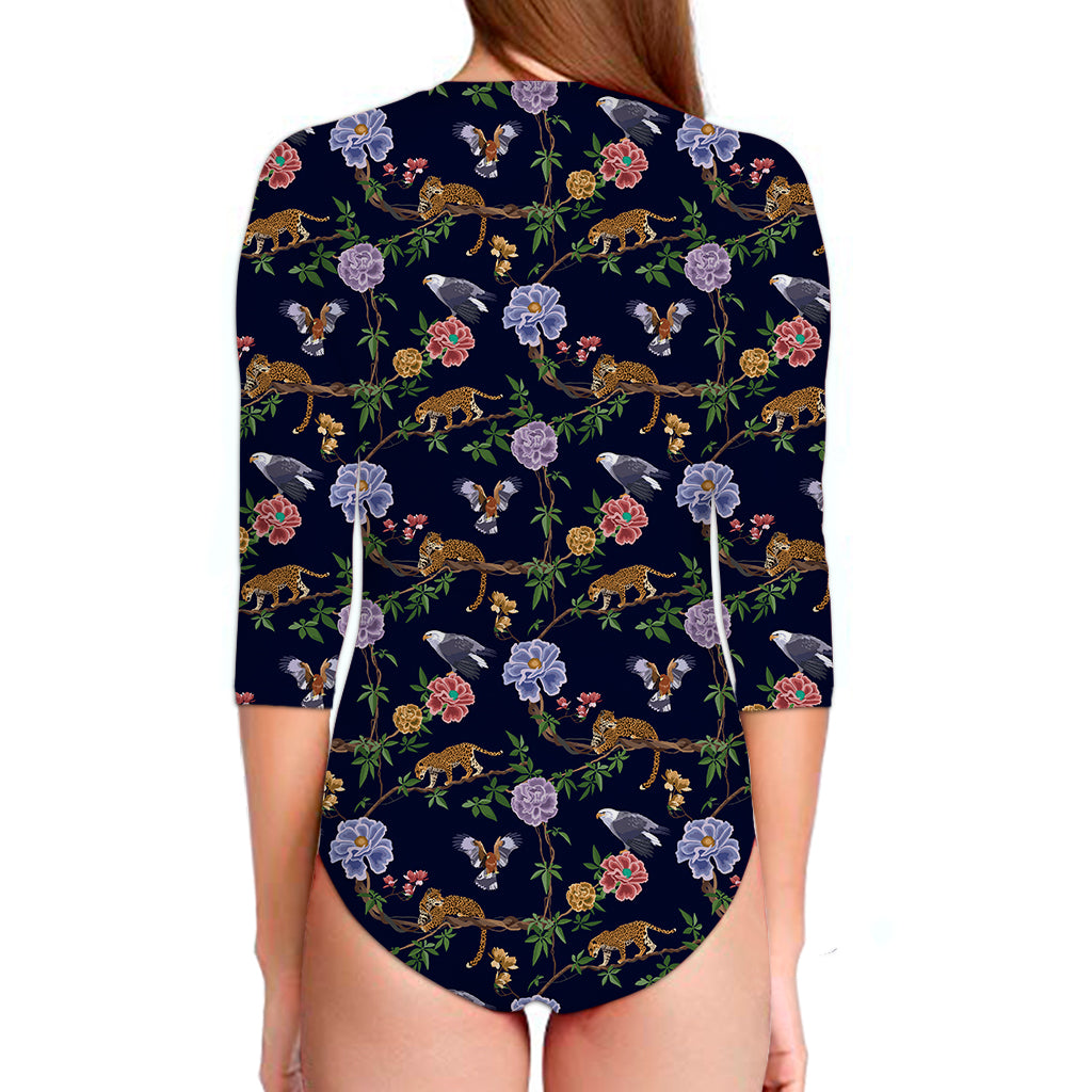 Eagle And Jaguar Pattern Print Long Sleeve Swimsuit
