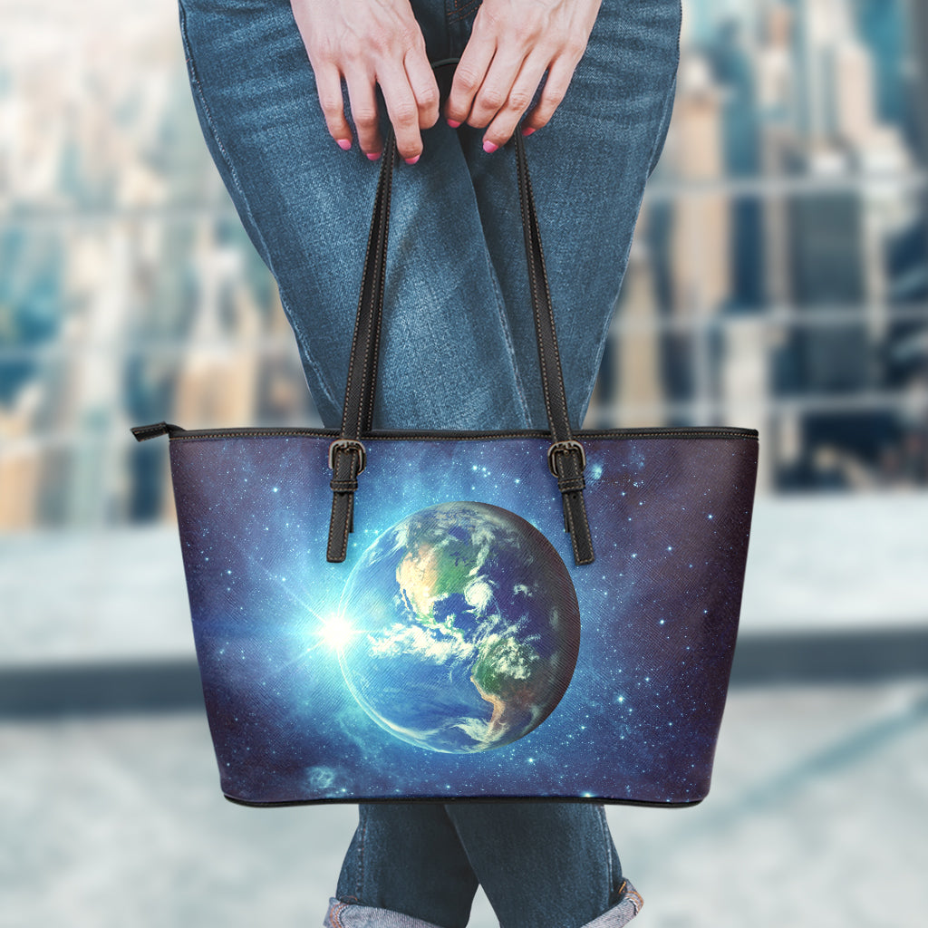 Earth And Space Print Leather Tote Bag