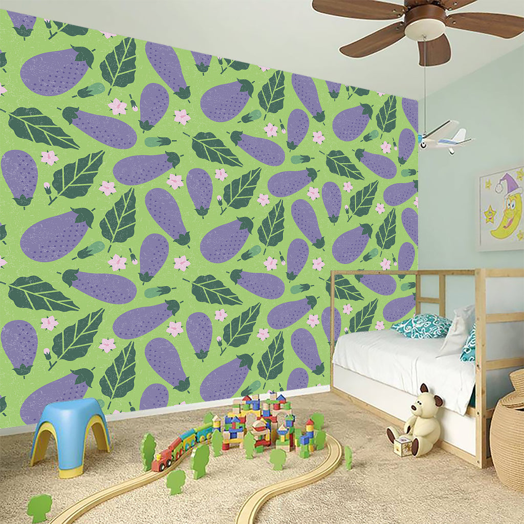 Eggplant With Leaves And Flowers Print Wall Sticker