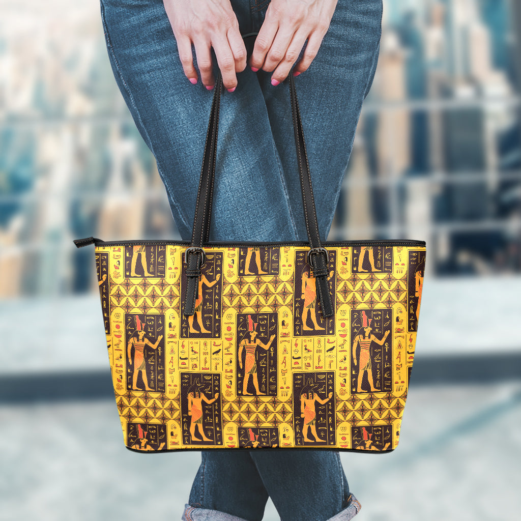 Egyptian Gods And Hieroglyphs Print Leather Tote Bag