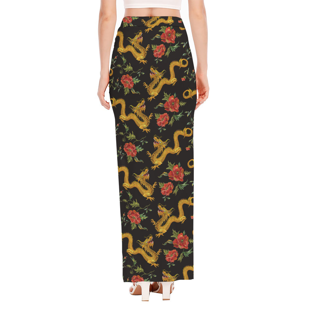 Embroidery Chinese Dragon Pattern Print High Slit Maxi Skirt
