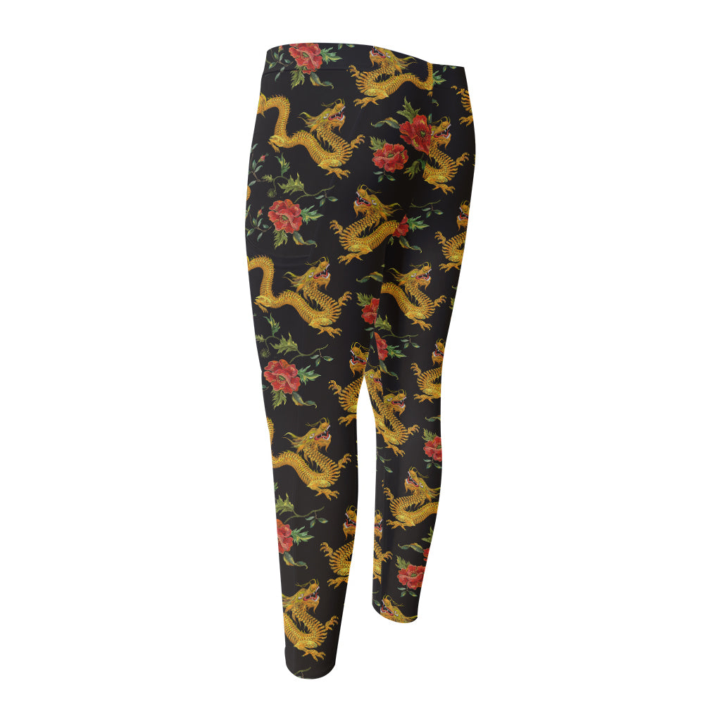 Embroidery Chinese Dragon Pattern Print Men's Compression Pants