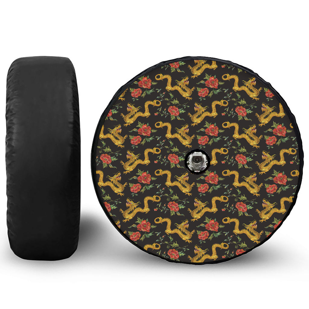 Embroidery Chinese Dragon Pattern Print Tire Cover With Camera Hole