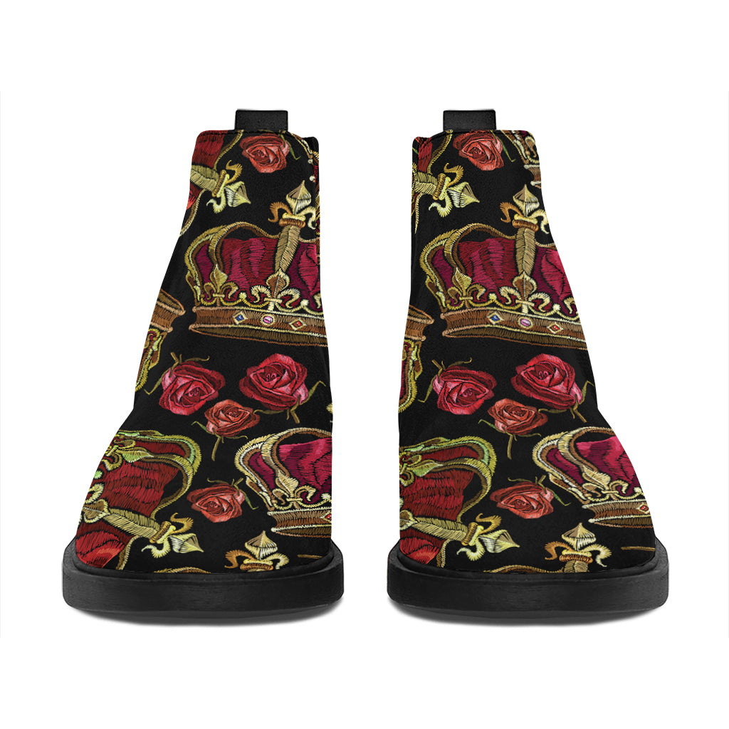 Embroidery Crown Pattern Print Flat Ankle Boots