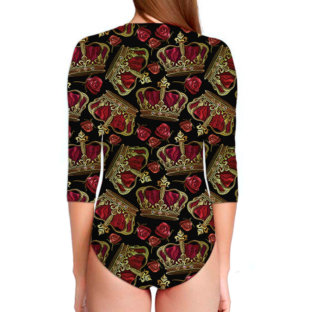 Embroidery Crown Pattern Print Long Sleeve Swimsuit