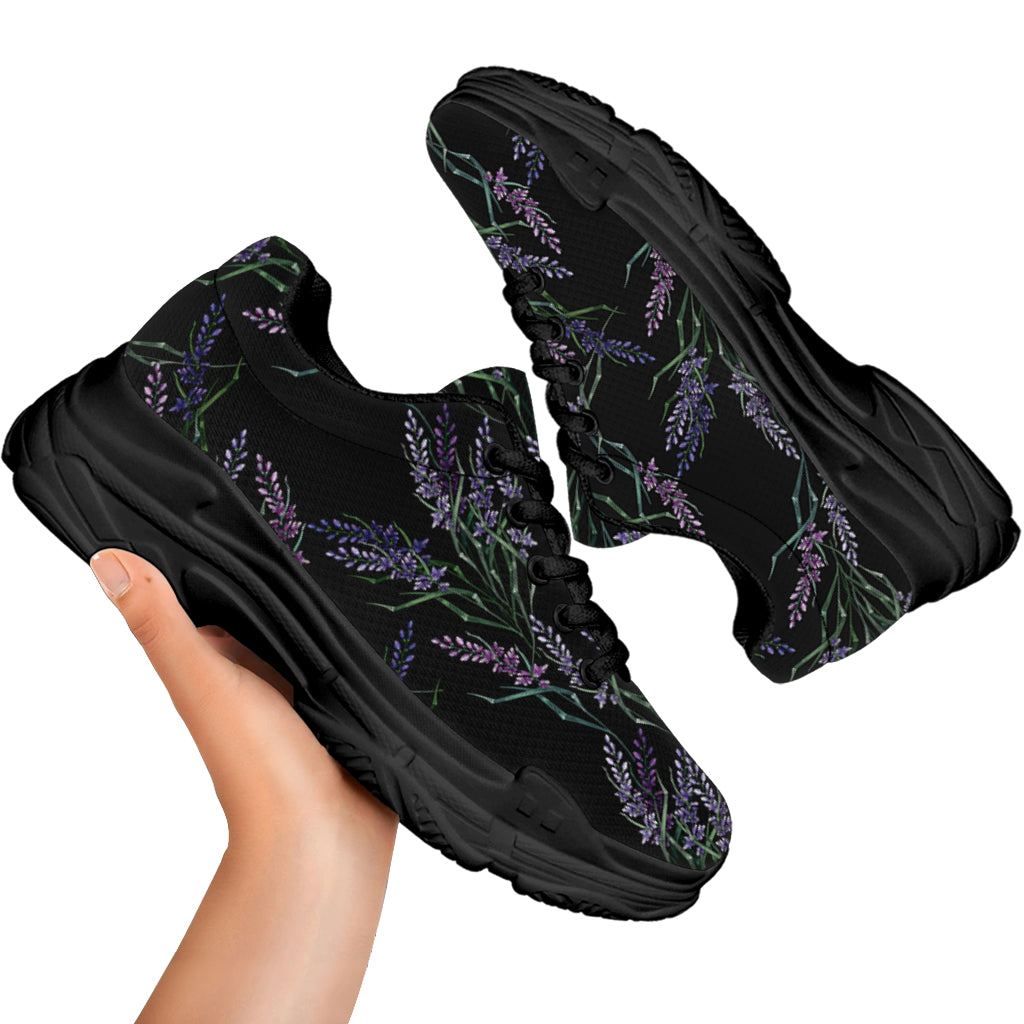 Embroidery Lavender Pattern Print Black Chunky Shoes