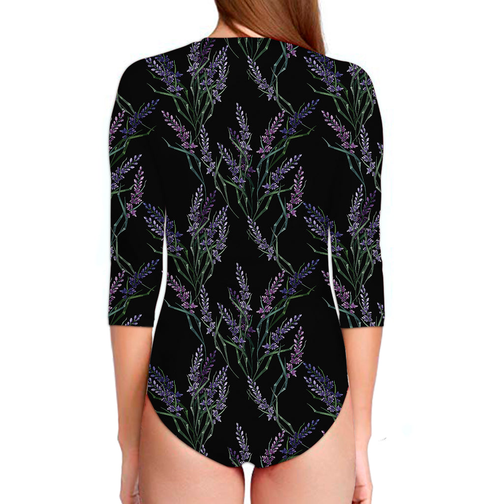 Embroidery Lavender Pattern Print Long Sleeve Swimsuit