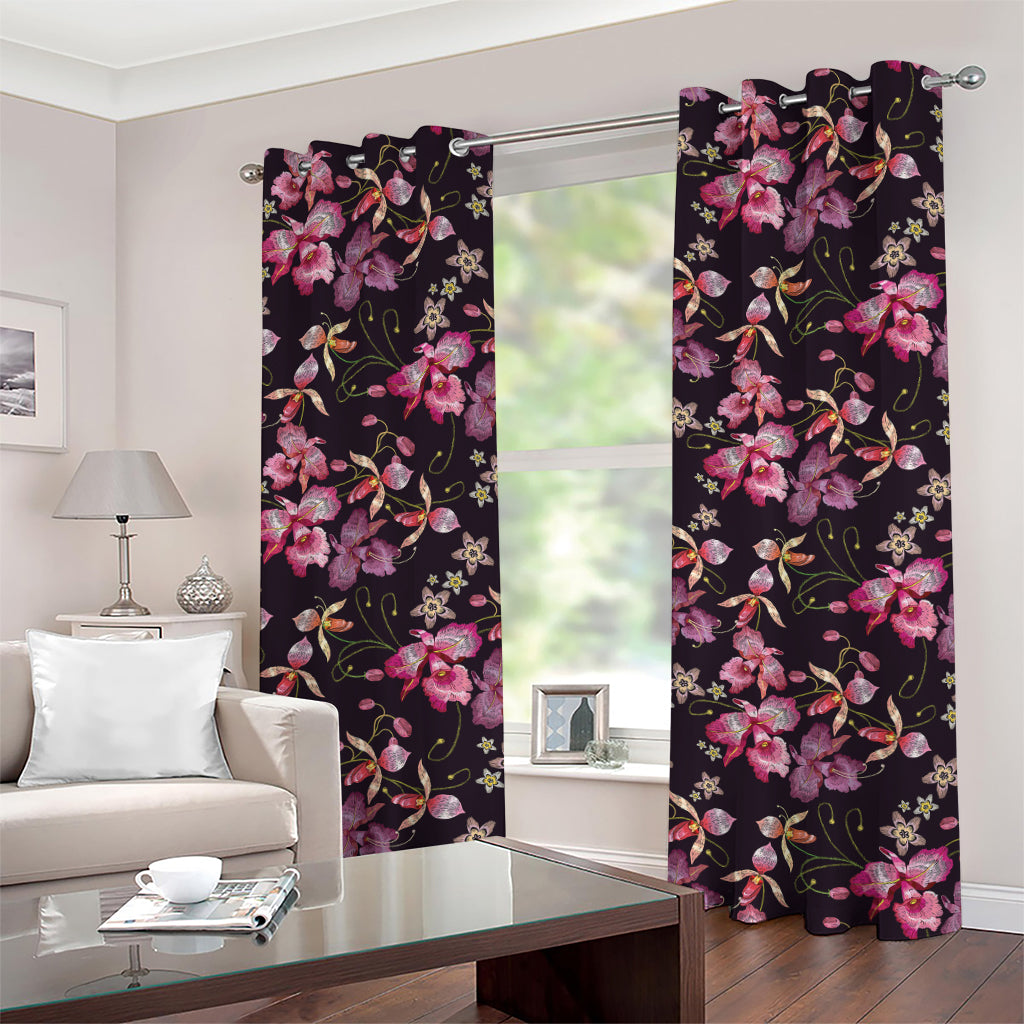 Embroidery Orchid Flower Pattern Print Grommet Curtains