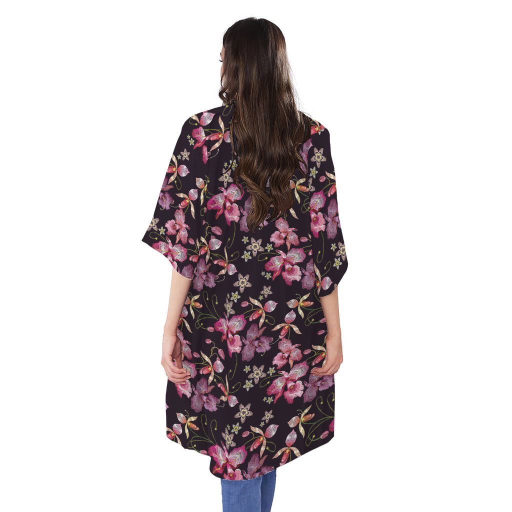 Embroidery Orchid Flower Pattern Print Open Front Beach Cover Up
