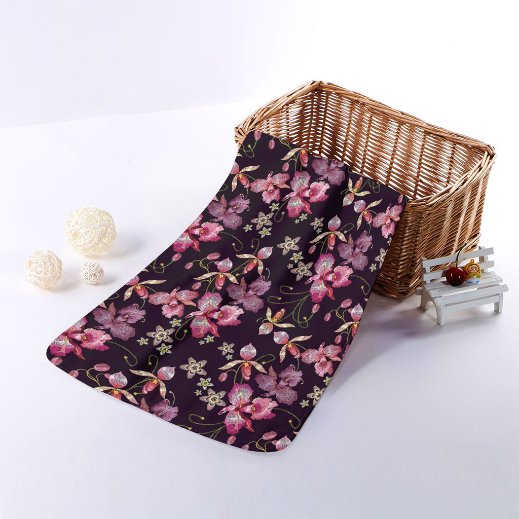 Embroidery Orchid Flower Pattern Print Towel