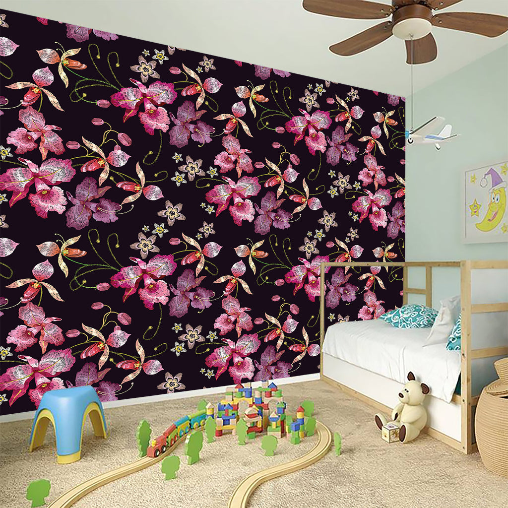 Embroidery Orchid Flower Pattern Print Wall Sticker