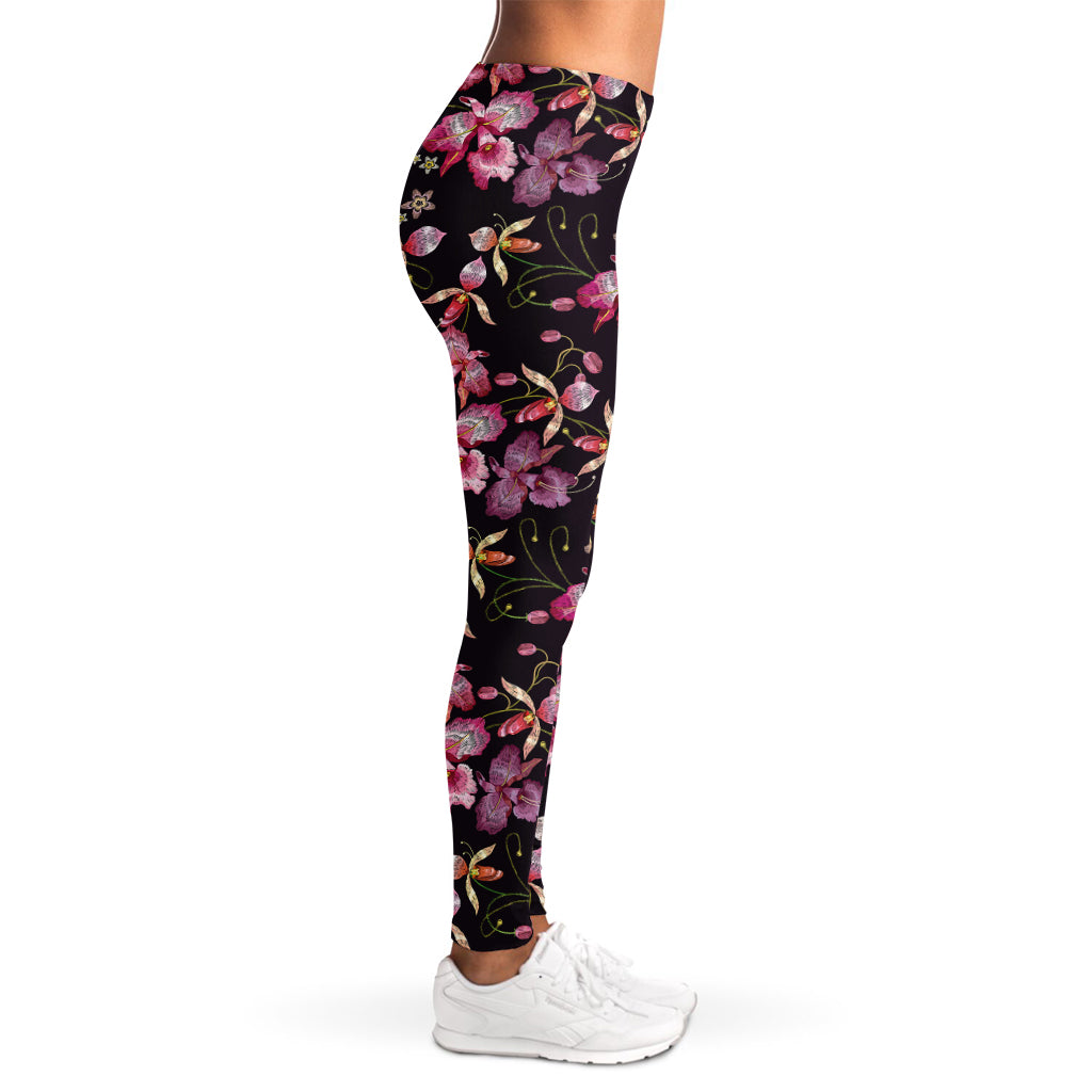 Embroidery Orchid Flower Pattern Print Women's Leggings