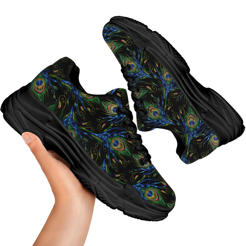 Embroidery Peacock Feather Print Black Chunky Shoes