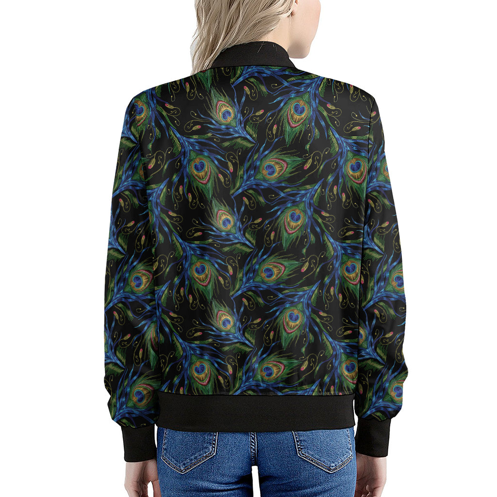 Embroidery Peacock Feather Print Women's Bomber Jacket