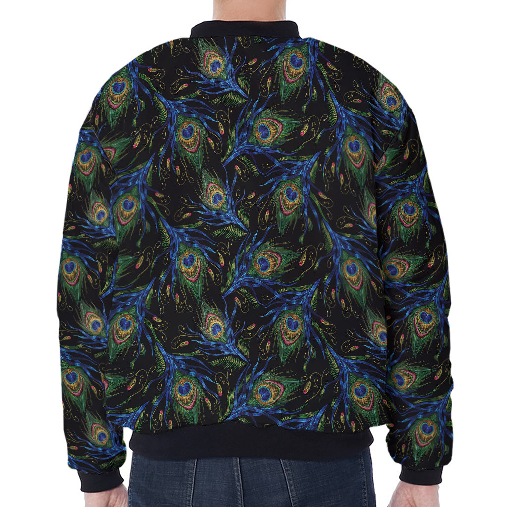 Embroidery Peacock Feather Print Zip Sleeve Bomber Jacket