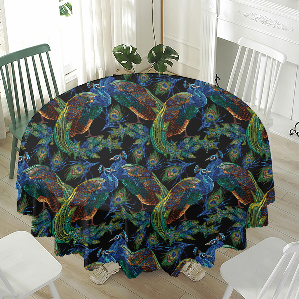 Embroidery Peacock Pattern Print Waterproof Round Tablecloth