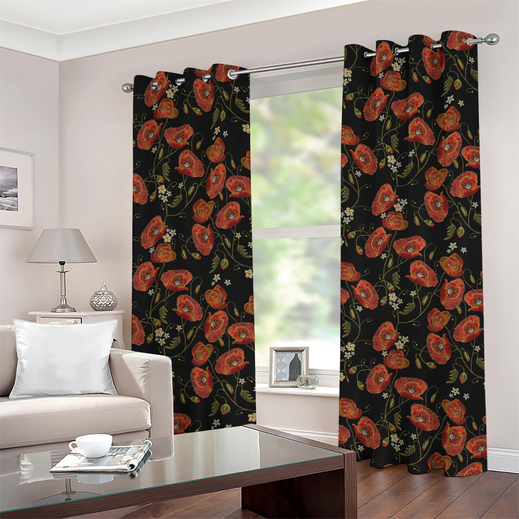 Embroidery Poppy Pattern Print Grommet Curtains