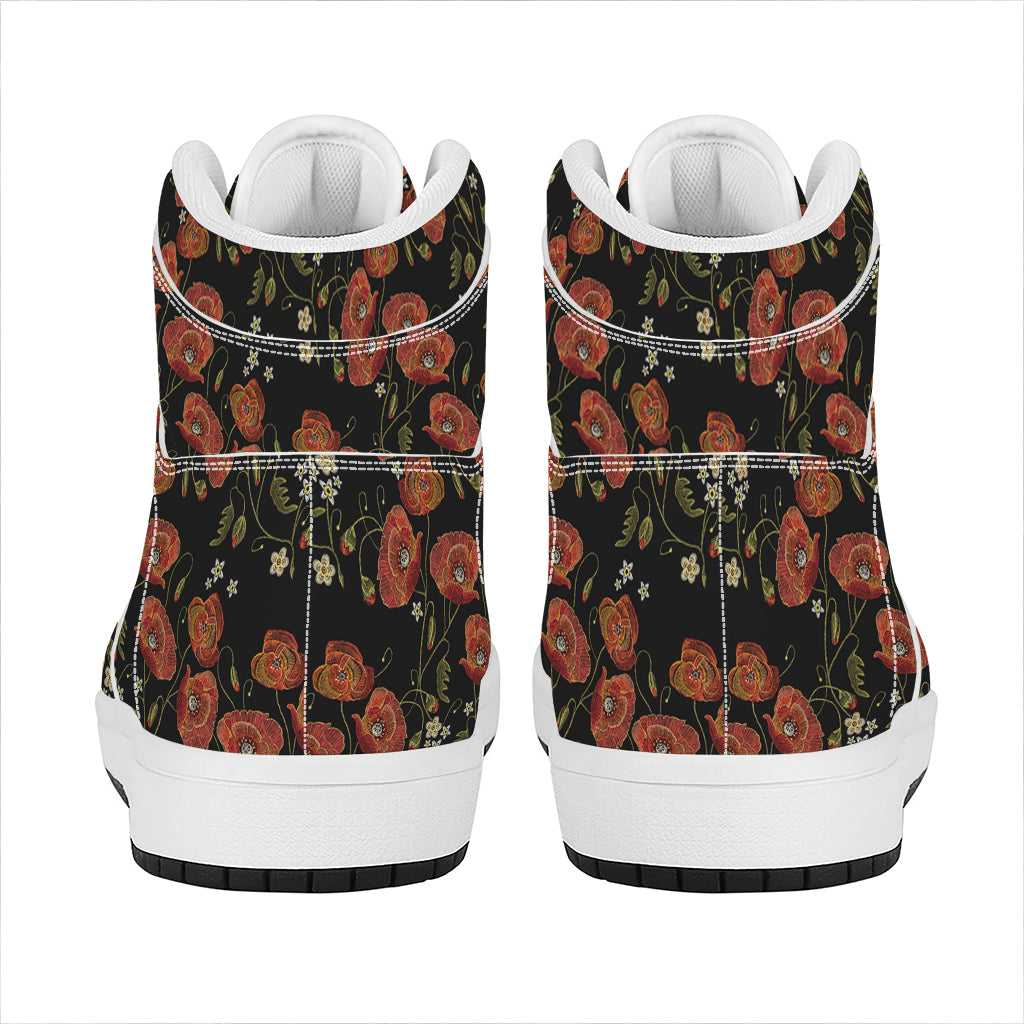 Embroidery Poppy Pattern Print High Top Leather Sneakers