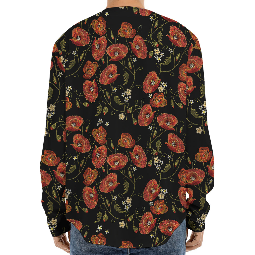 Embroidery Poppy Pattern Print Long Sleeve Baseball Jersey