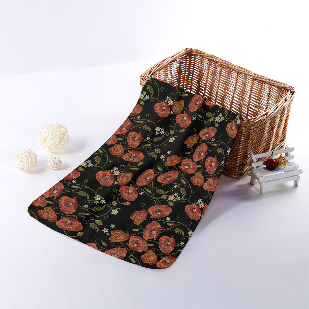 Embroidery Poppy Pattern Print Towel