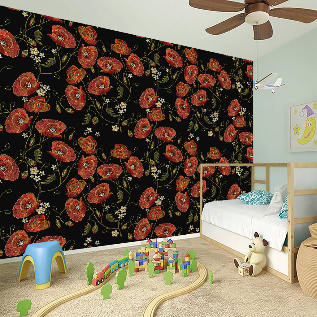 Embroidery Poppy Pattern Print Wall Sticker