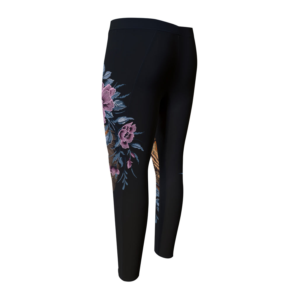 Embroidery Tiger And Flower Print Men's Compression Pants