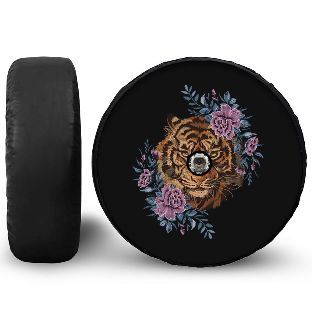 Embroidery Tiger And Flower Print Tire Cover With Camera Hole