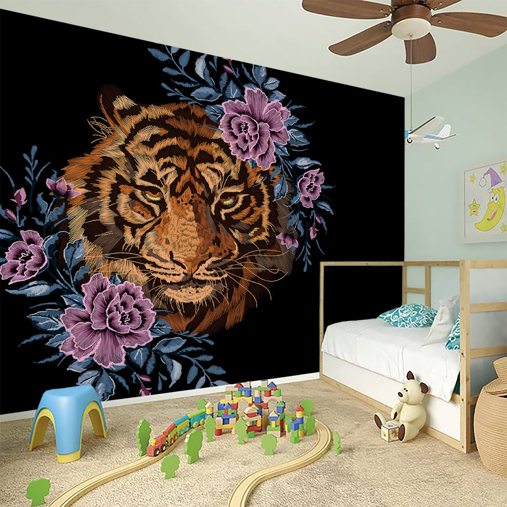 Embroidery Tiger And Flower Print Wall Sticker
