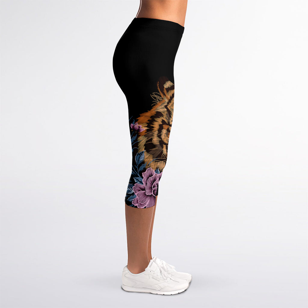 Embroidery Tiger And Flower Print Women's Capri Leggings