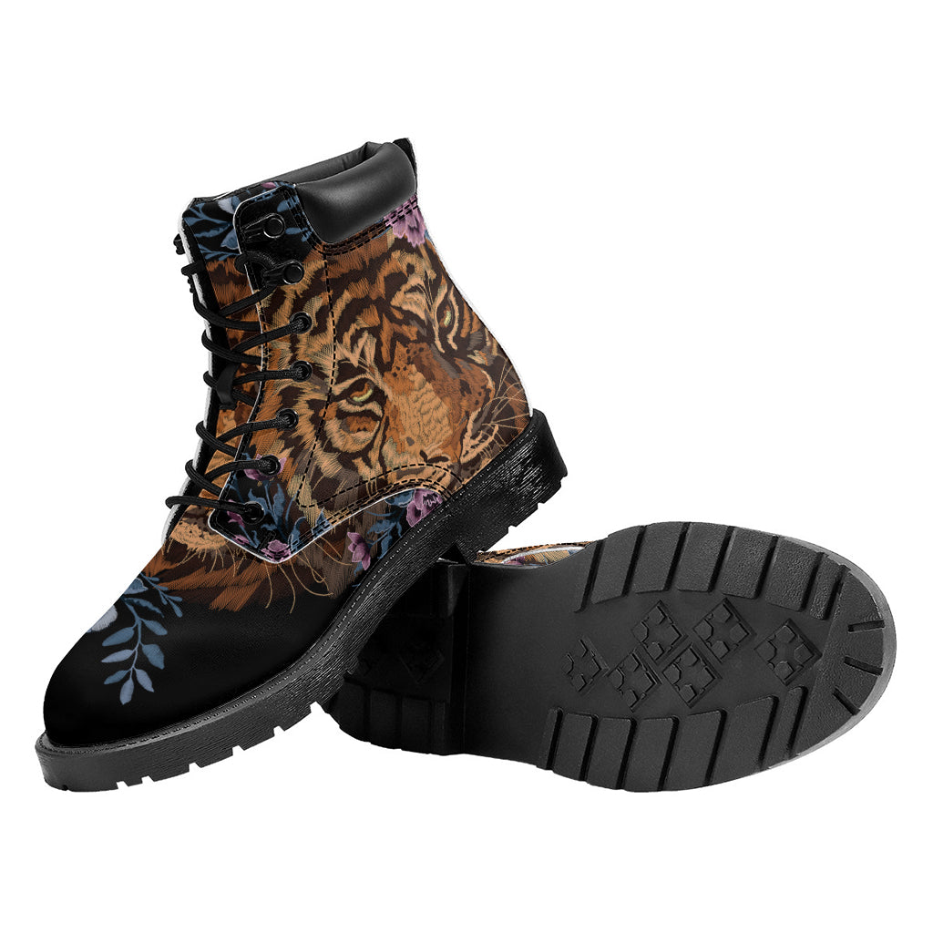 Embroidery Tiger And Flower Print Work Boots
