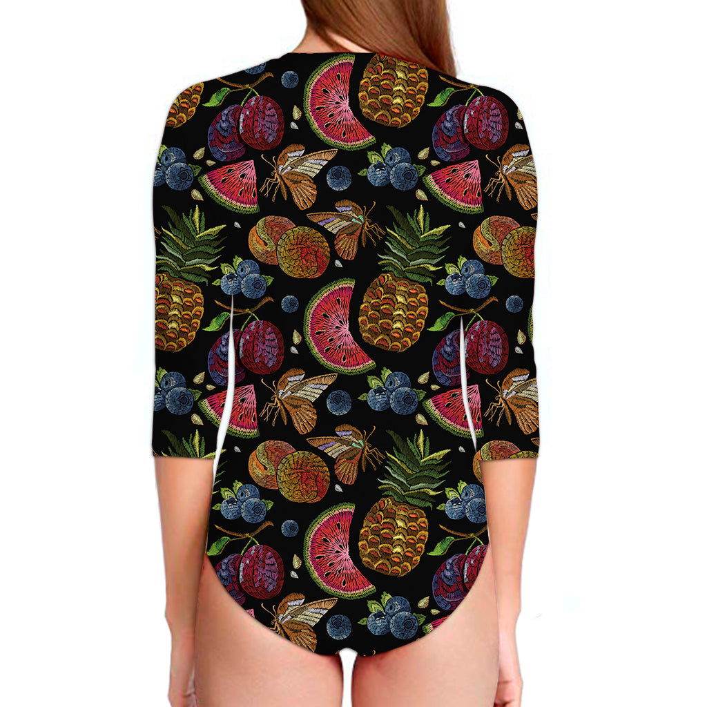 Embroidery Tropical Pattern Print Long Sleeve Swimsuit