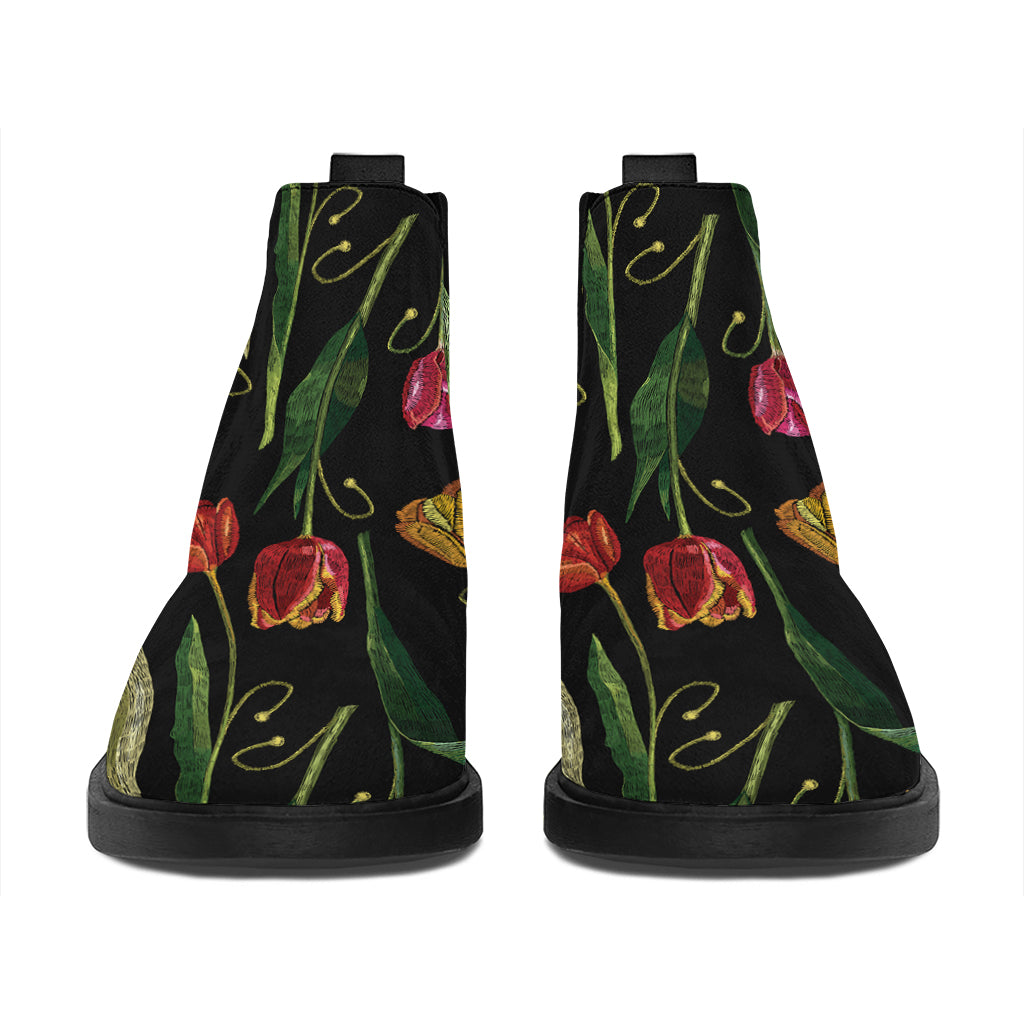 Embroidery Tulip Pattern Print Flat Ankle Boots