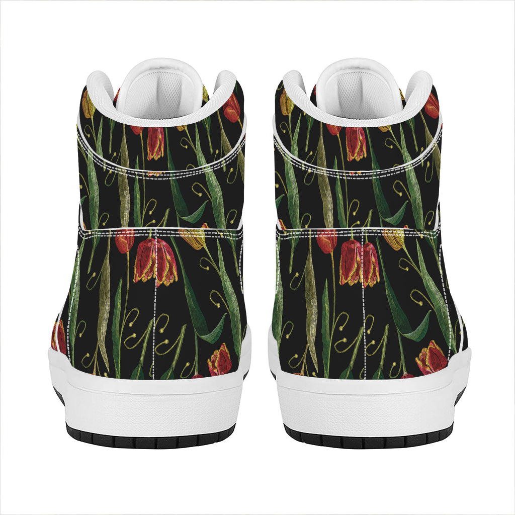 Embroidery Tulip Pattern Print High Top Leather Sneakers