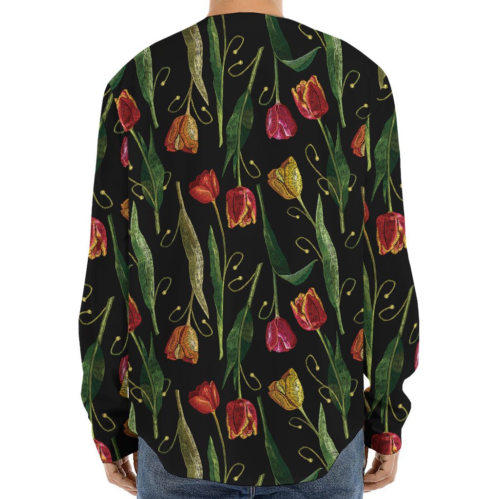 Embroidery Tulip Pattern Print Long Sleeve Baseball Jersey