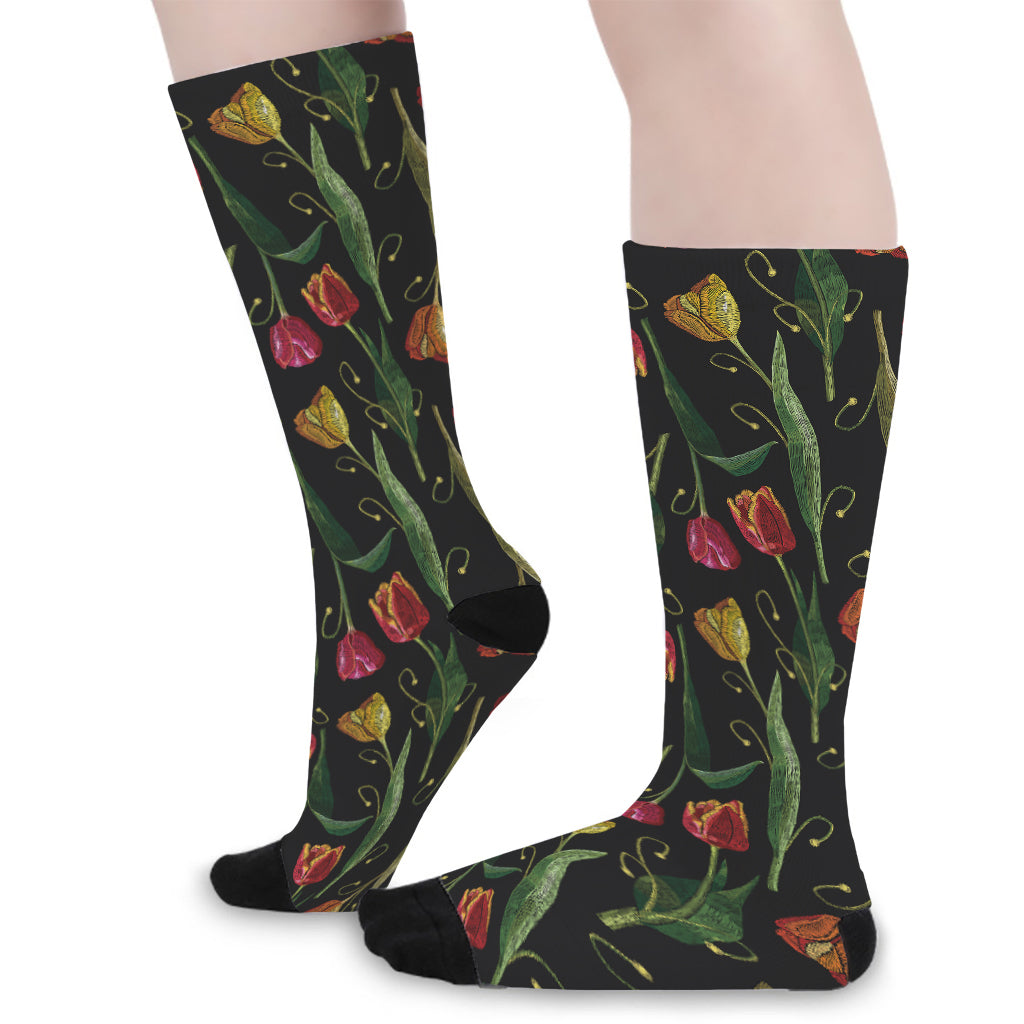 Embroidery Tulip Pattern Print Long Socks