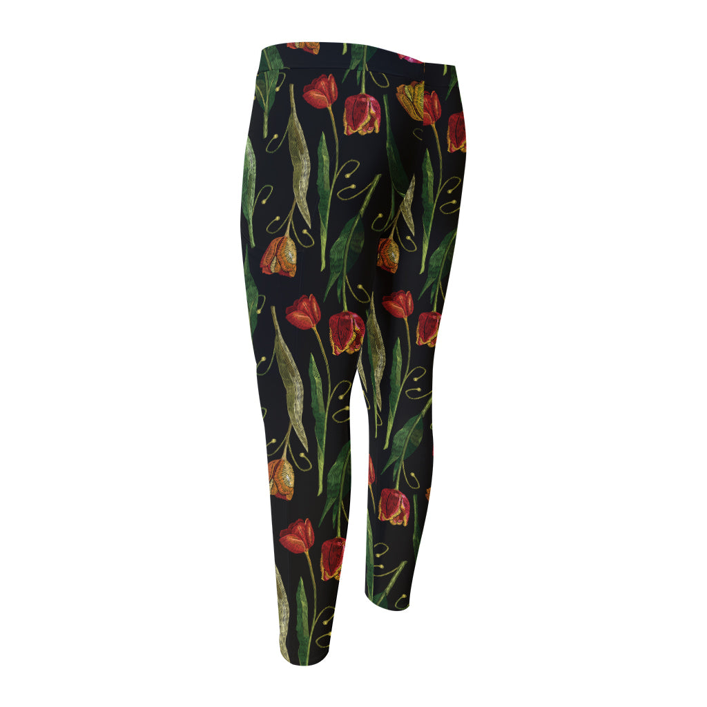 Embroidery Tulip Pattern Print Men's Compression Pants
