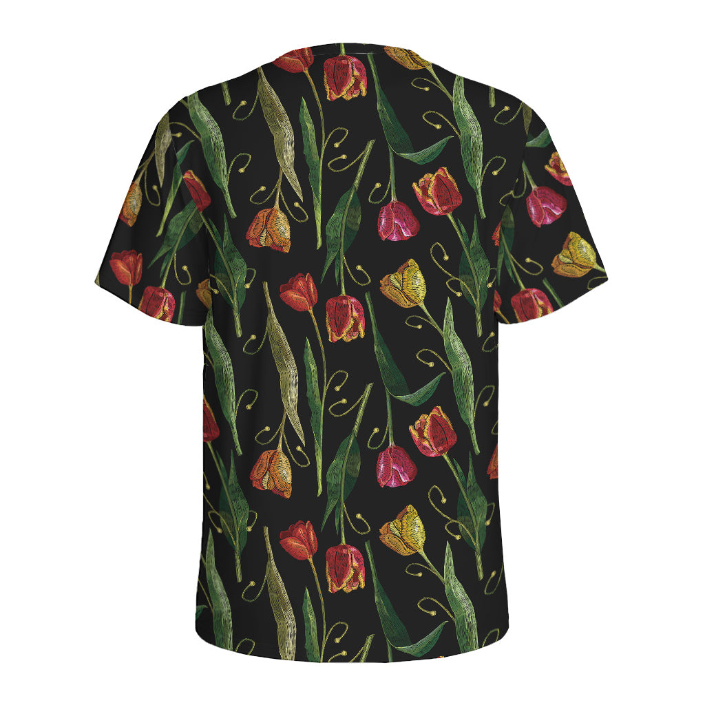 Embroidery Tulip Pattern Print Men's Sports T-Shirt