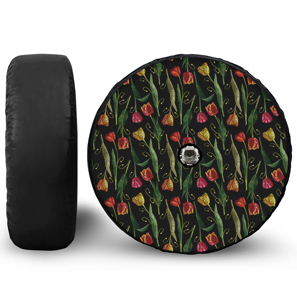 Embroidery Tulip Pattern Print Tire Cover With Camera Hole