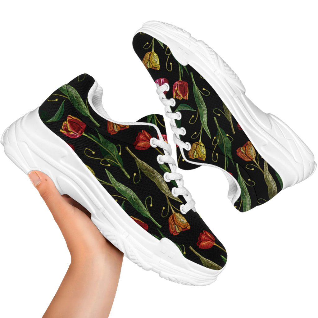 Embroidery Tulip Pattern Print White Chunky Shoes