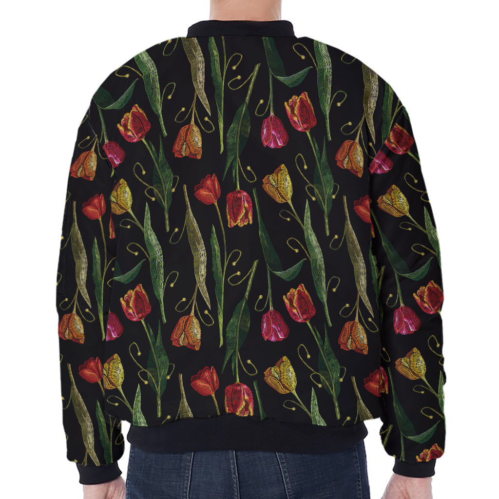 Embroidery Tulip Pattern Print Zip Sleeve Bomber Jacket