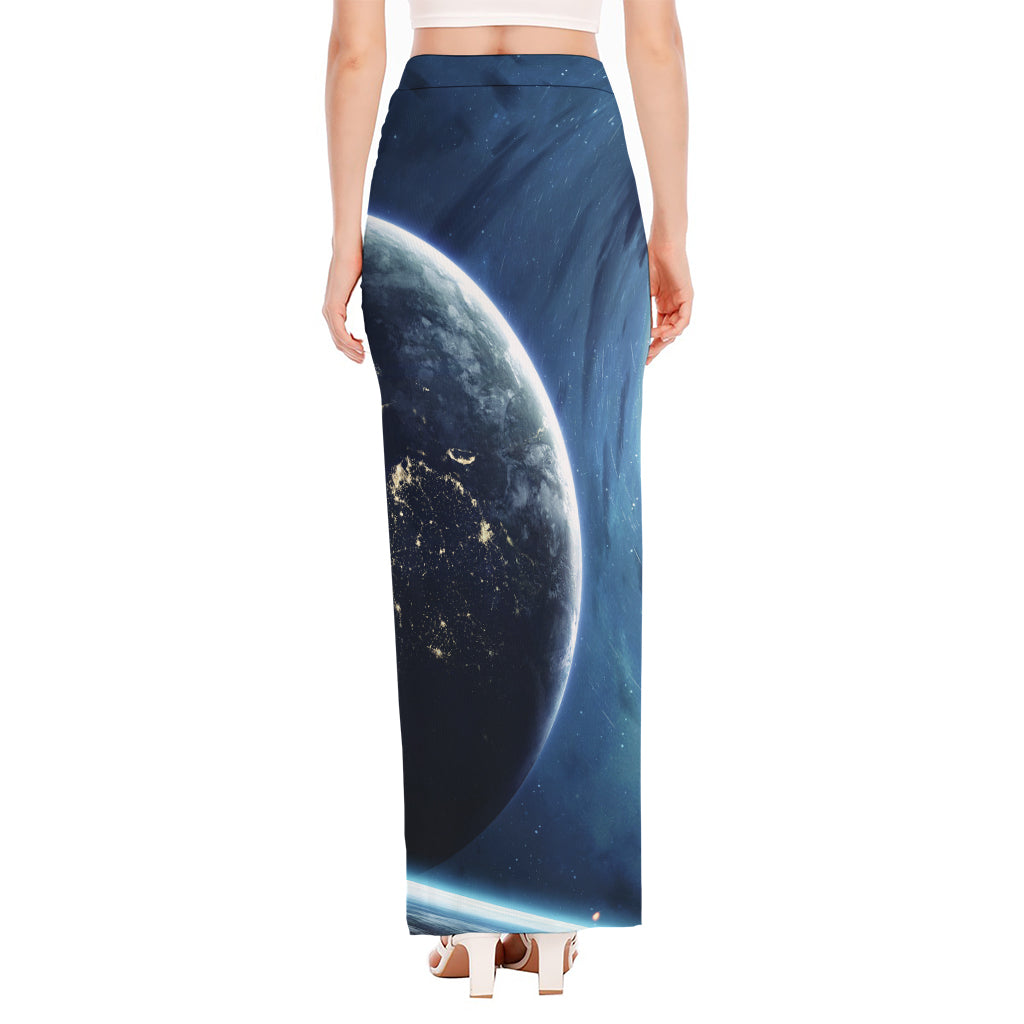 Endless Space Print High Slit Maxi Skirt