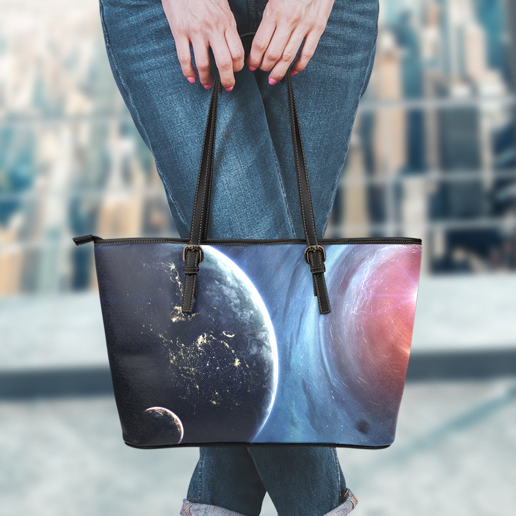 Endless Space Print Leather Tote Bag