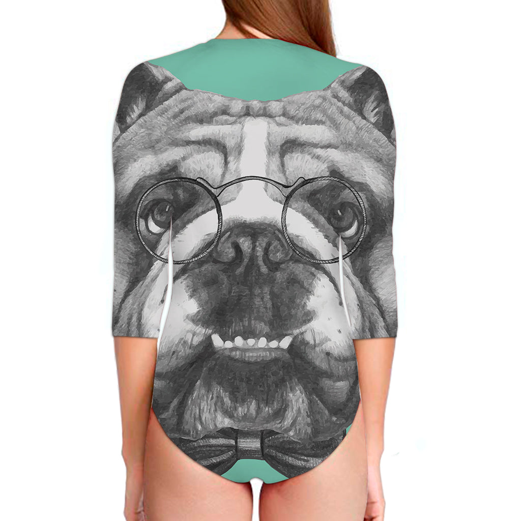 English Bulldog With Glasses Print Long Sleeve Swimsuit