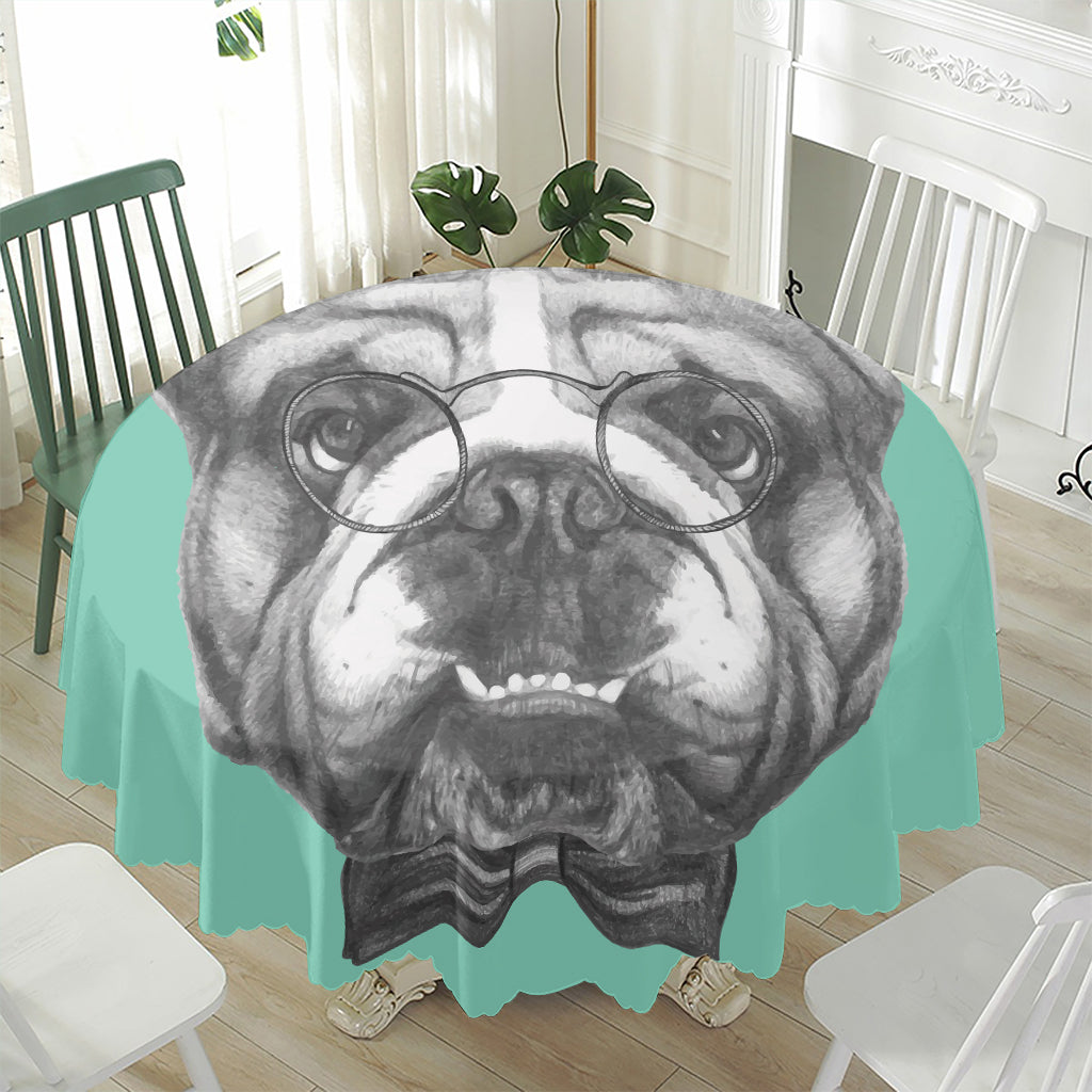 English Bulldog With Glasses Print Waterproof Round Tablecloth