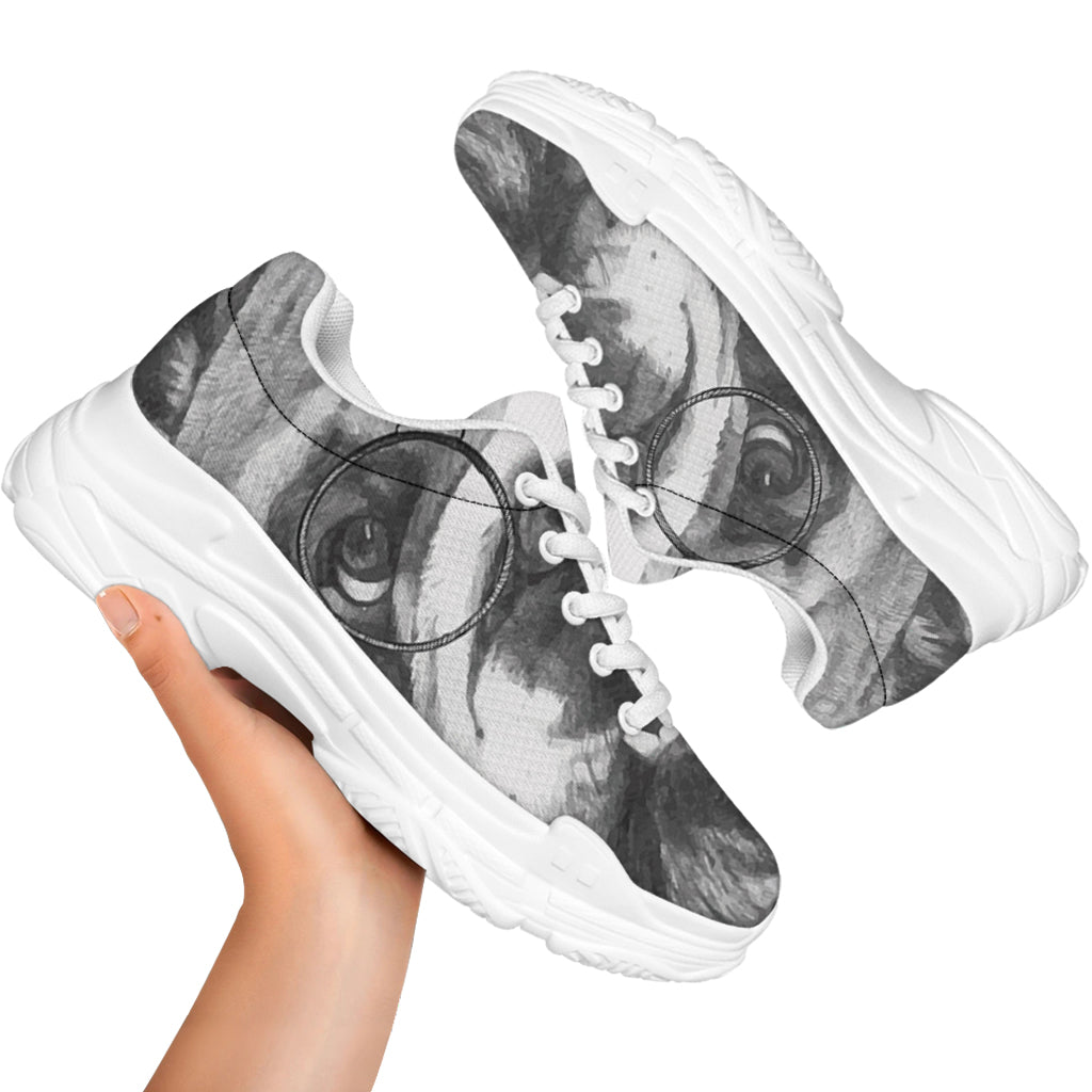 English Bulldog With Glasses Print White Chunky Shoes