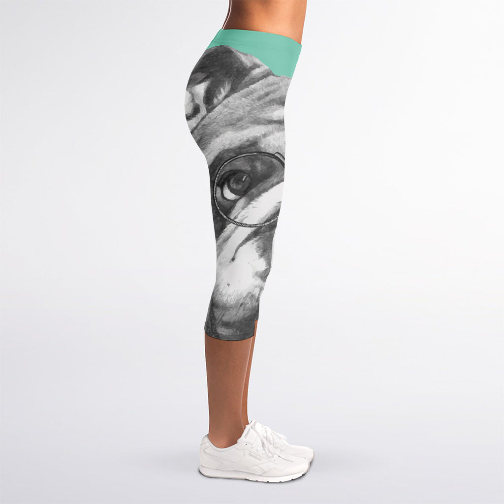 English Bulldog With Glasses Print Women's Capri Leggings