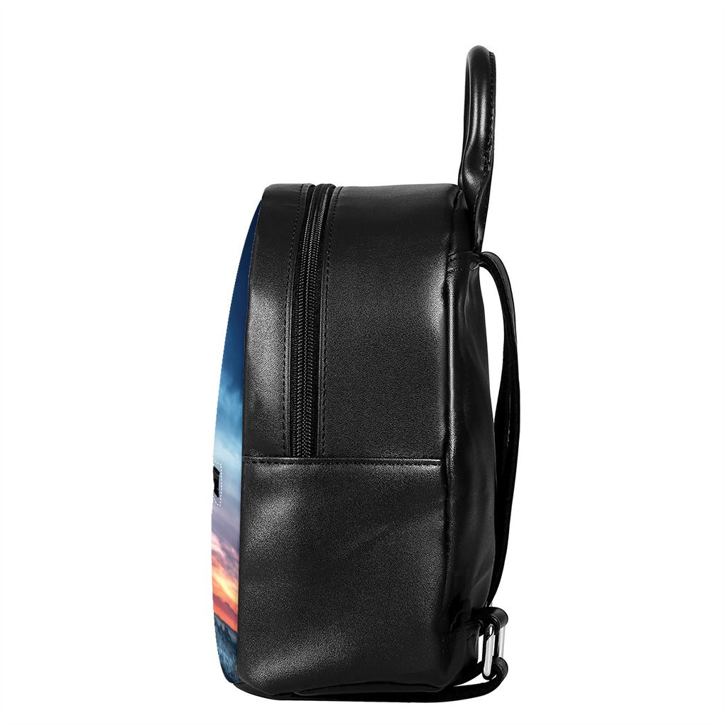 Erupting Volcano Print Leather Backpack