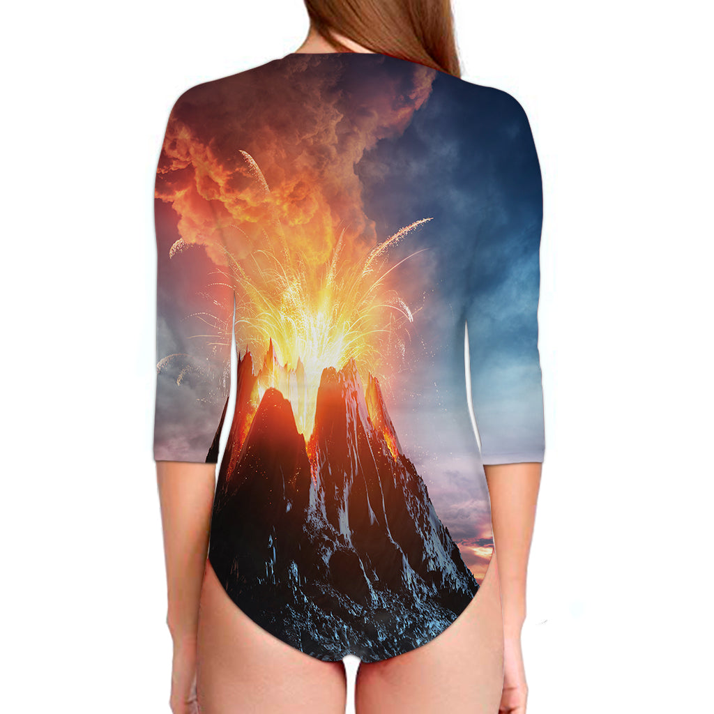 Erupting Volcano Print Long Sleeve Swimsuit