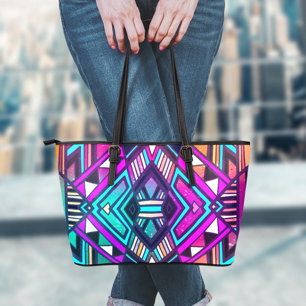 Ethnic Aztec Trippy Print Leather Tote Bag